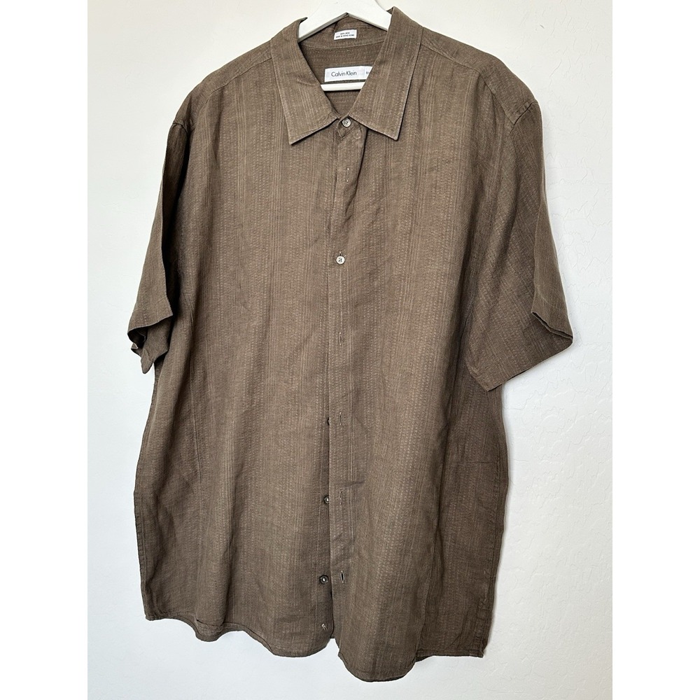 Calvin Klein Summer Linen Blend Button Short Sleeve‎ Shirt Men's XXL Brown